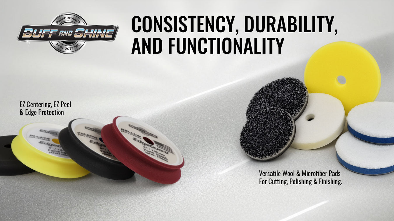 Buff and Shine wool and microfiber pads with text on consistency, durability, and functionality.