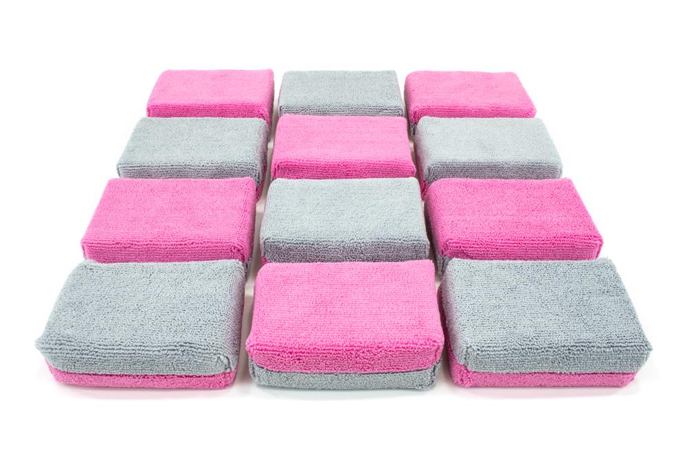 Autofiber Sponge Pink/Gray Thick [Saver Applicator Terry] Microfiber Coating Applicator Sponge with Plastic Barrier  - 12 pack