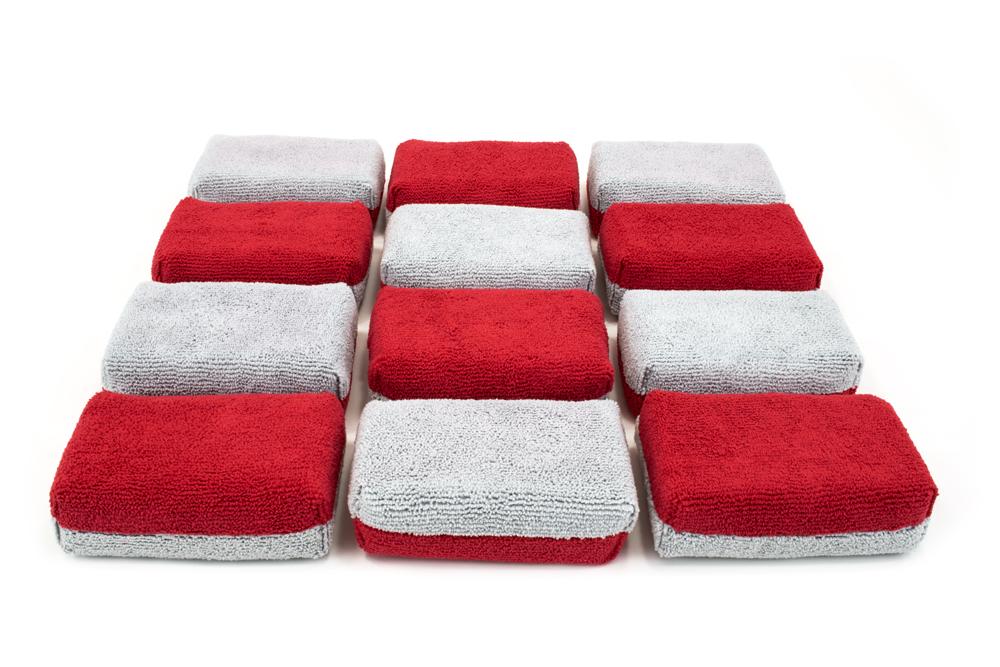 Autofiber Sponge Red/Gray Thick [Saver Applicator Terry] Microfiber Coating Applicator Sponge with Plastic Barrier  - 12 pack